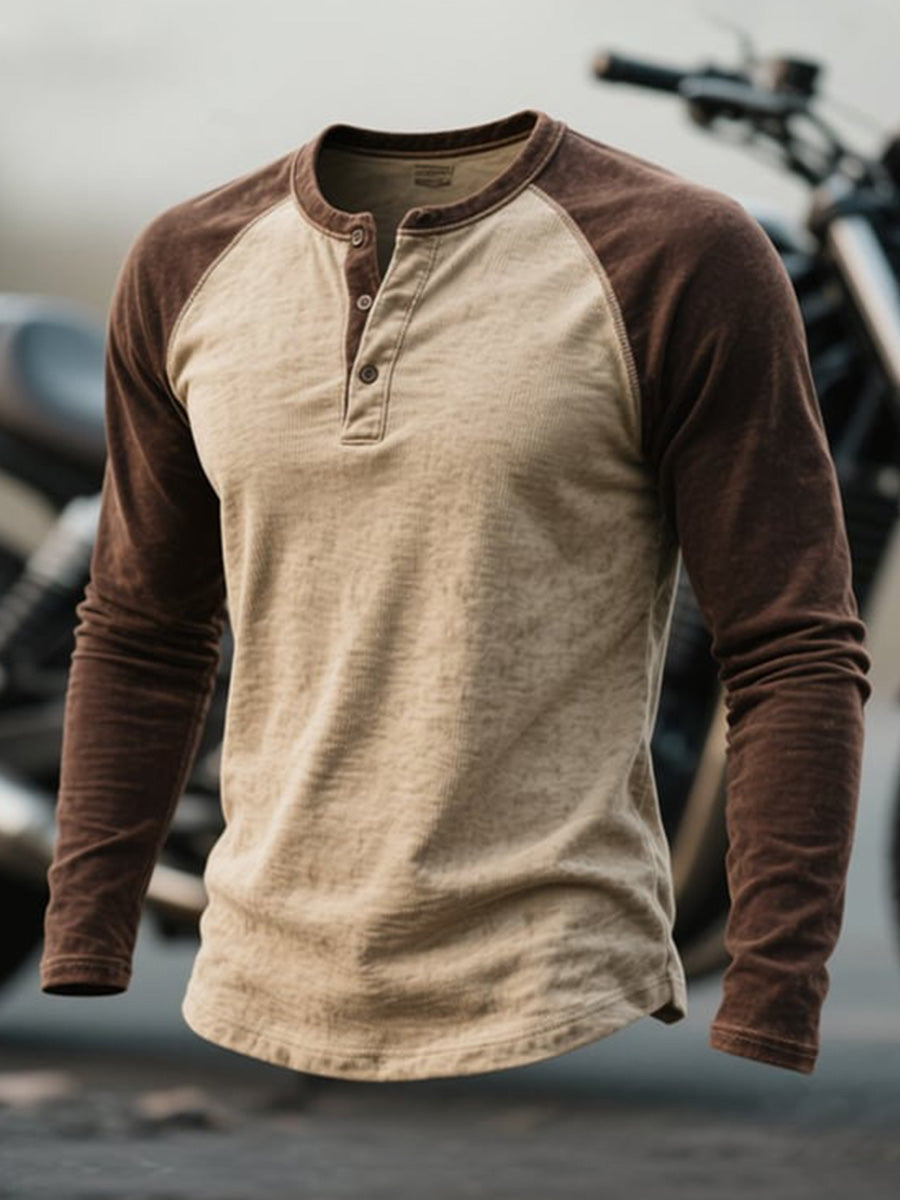 Herren Vintage einfaches Henley-Kragen-T-Shirt mit langen Ärmeln