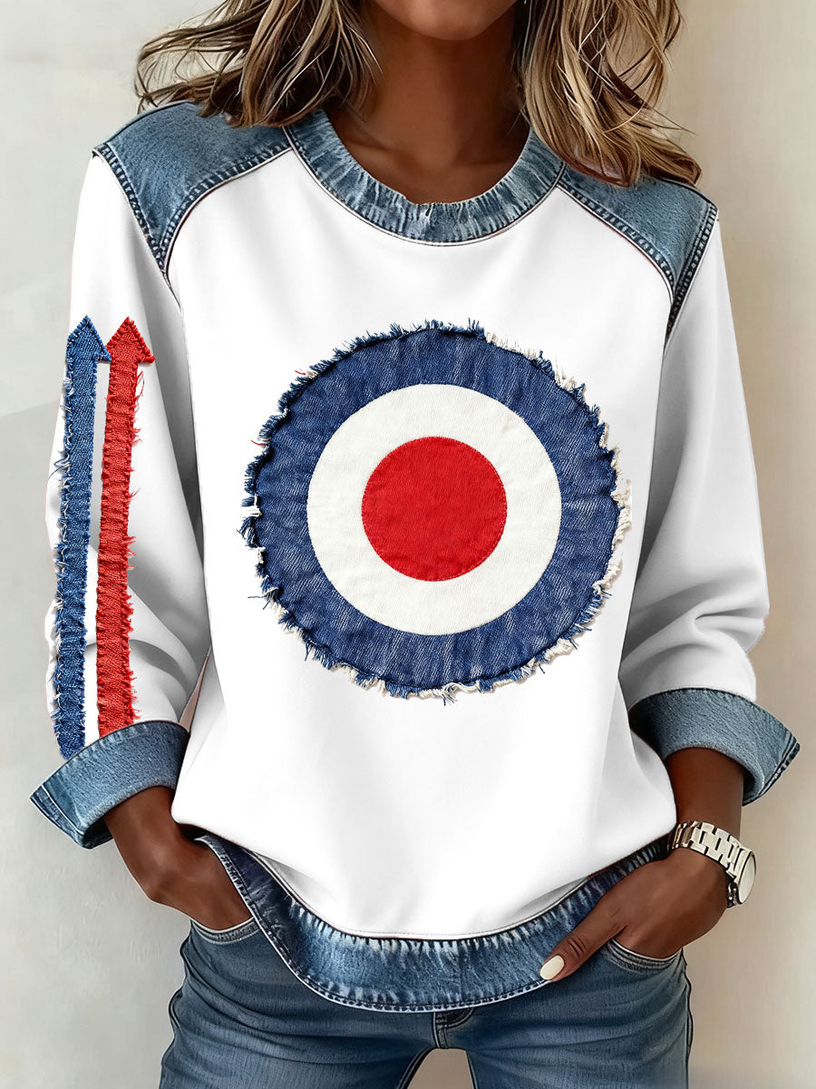 Women's Modfather UK Music Mods Lover Printed Denim Patchwork Top