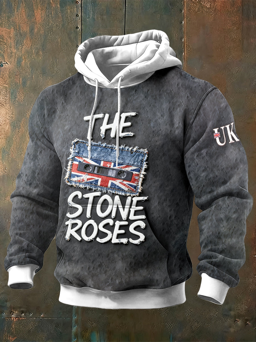 Men's British The Stone Rose Denim Print Grey Hooded Sweatshirt