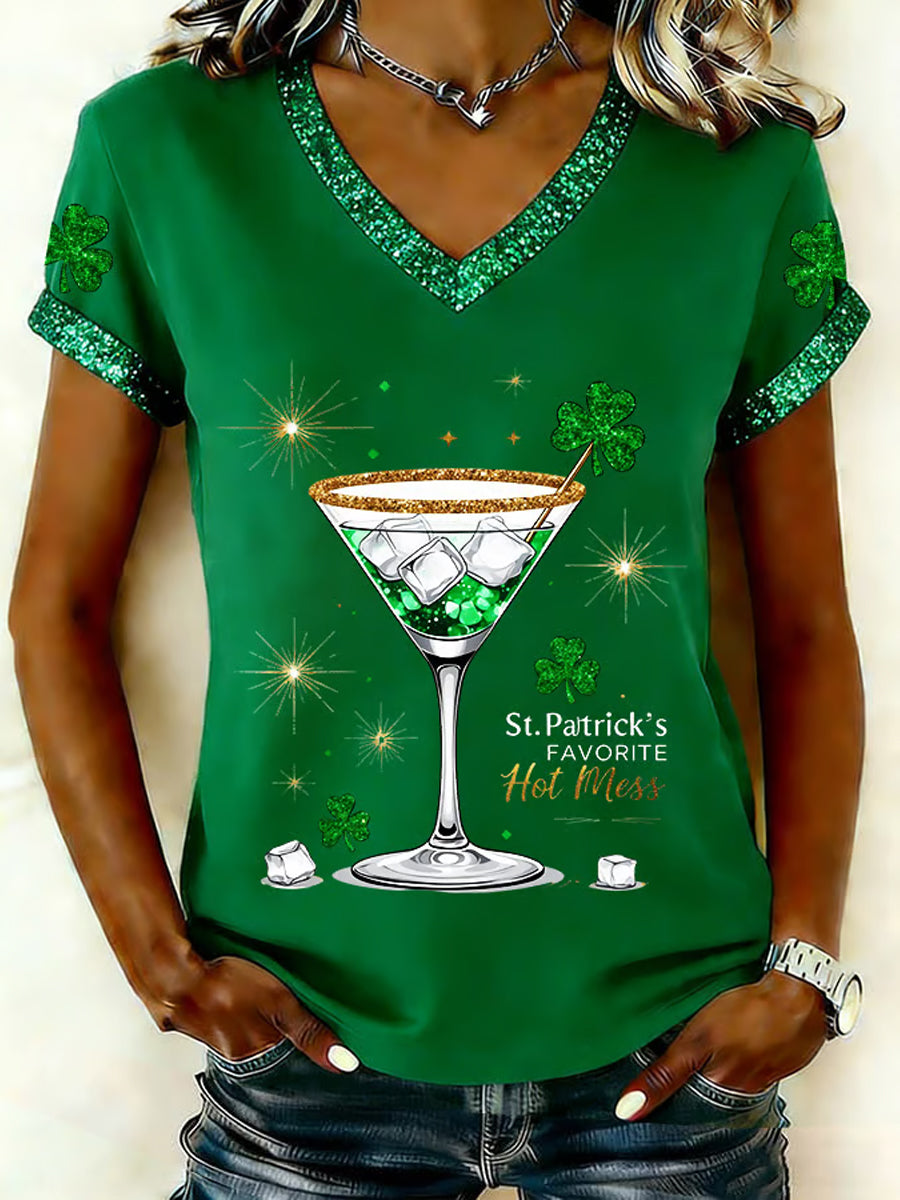 Women's St. Patrick's Favorite Hot Mess Shamrock Print V-Neck Short Sleeve T-shirt