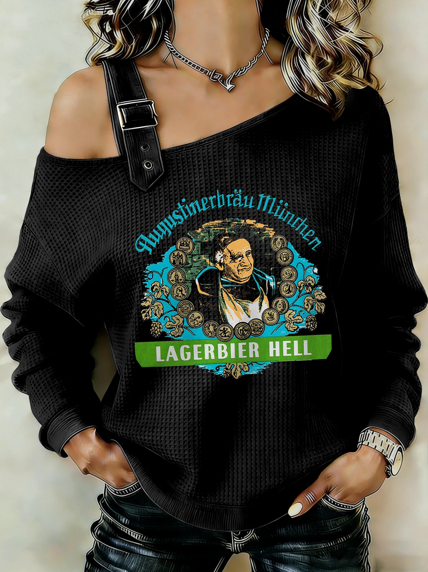 Damen-Beer-Lover-Patchwork-Print-Casual-Sweatshirt mit Schulterausschnitt