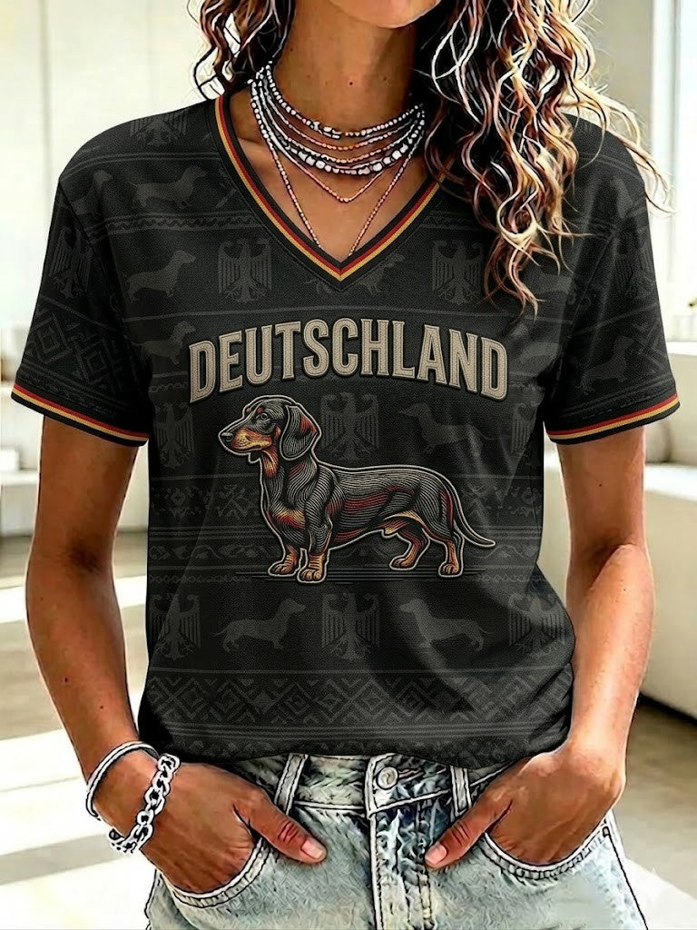 Damen-T-Shirt mit Dackelmotiv und V-Ausschnitt