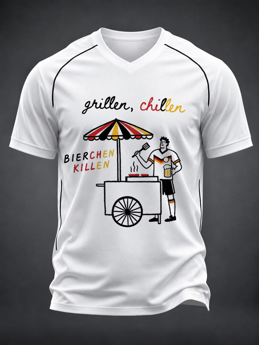 Men's Fun Football And Beer Print V-neck T-shirt