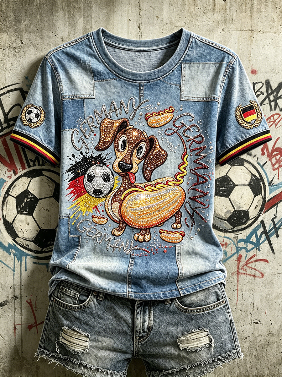 Damen-Deutschland-Welpenfußball-Hot-Dog-Retro-Jeans-Patchwork-Print-Lässiges T-Shirt