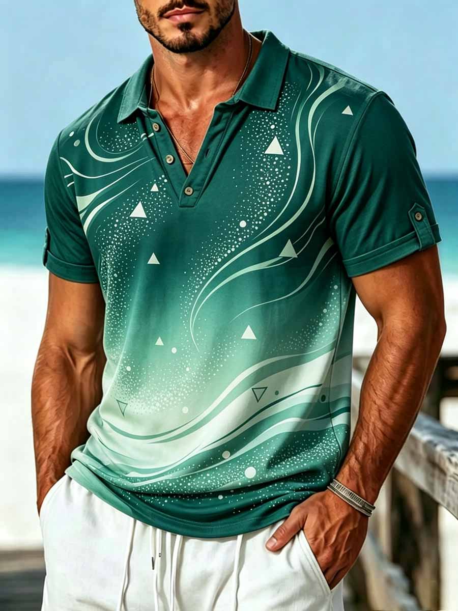 Herrenmode Urlaubsstil gemustertes Freizeit-Poloshirt