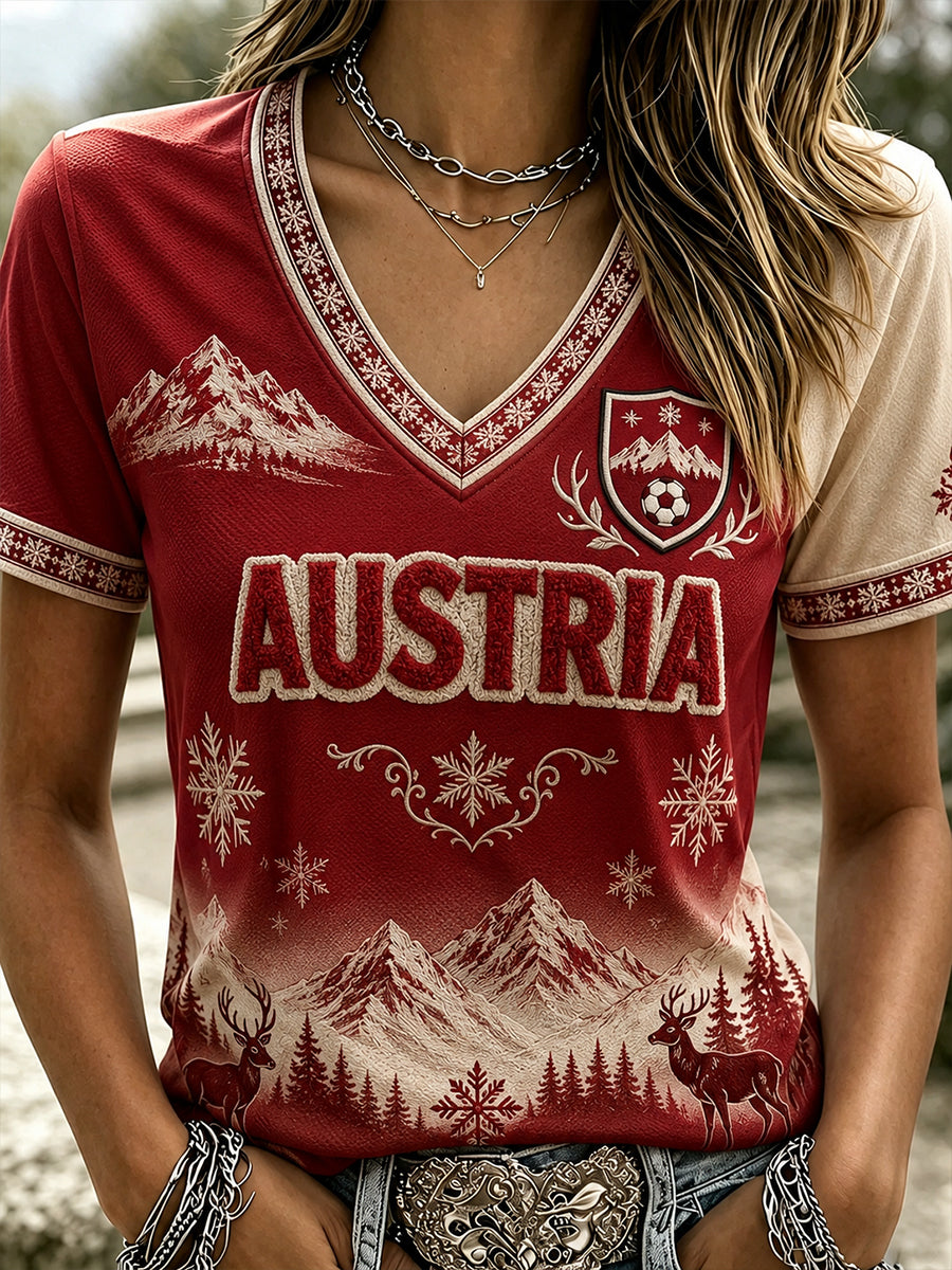 Damen Österreich Fußball bedrucktes lässiges T-Shirt mit V-Ausschnitt