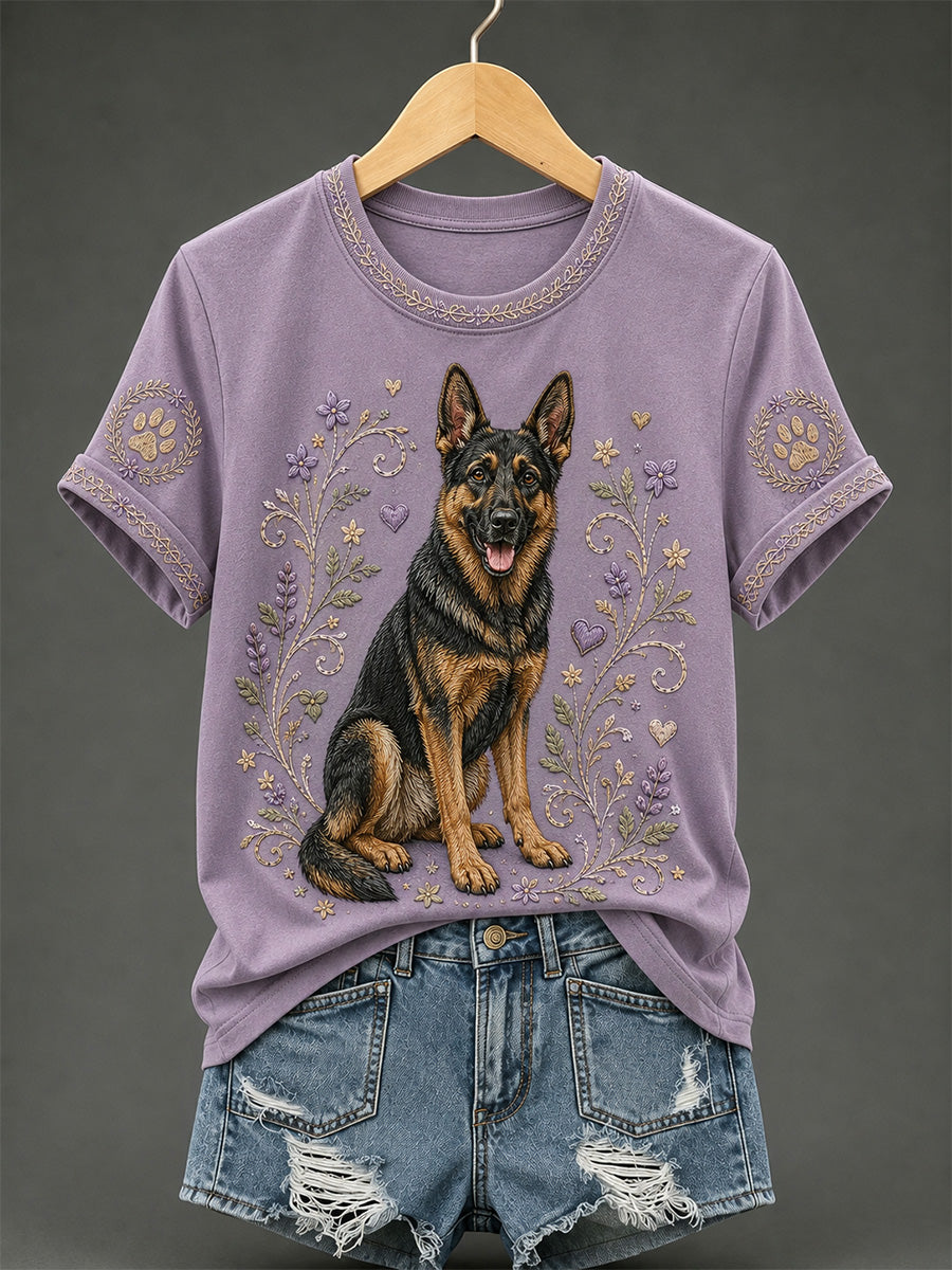 Damen-Retro-T-Shirt mit Blumen- und Hunde-Print, lässig