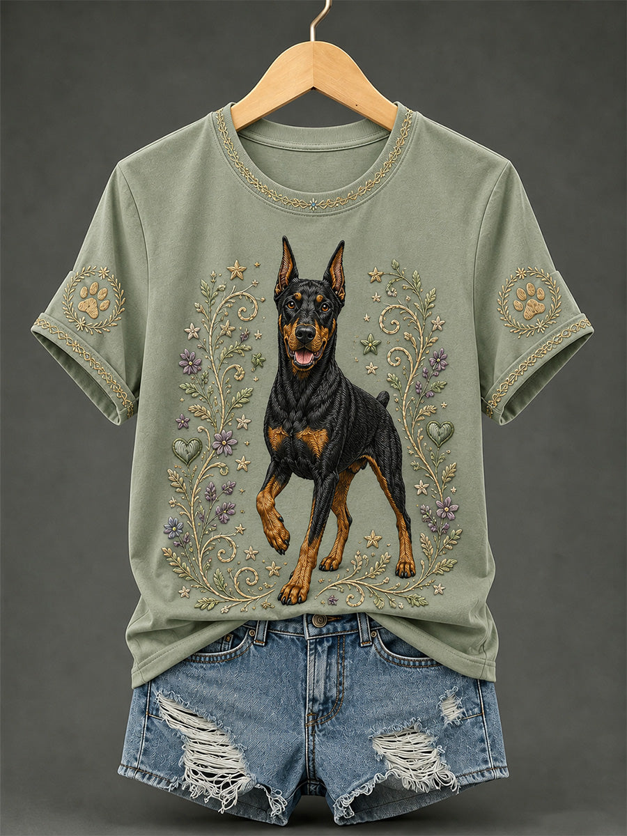 Damen-Retro-T-Shirt mit Blumen- und Hunde-Print, lässig
