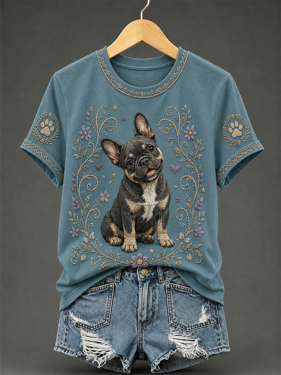 Damen-Retro-T-Shirt mit Blumen- und Hunde-Print, lässig