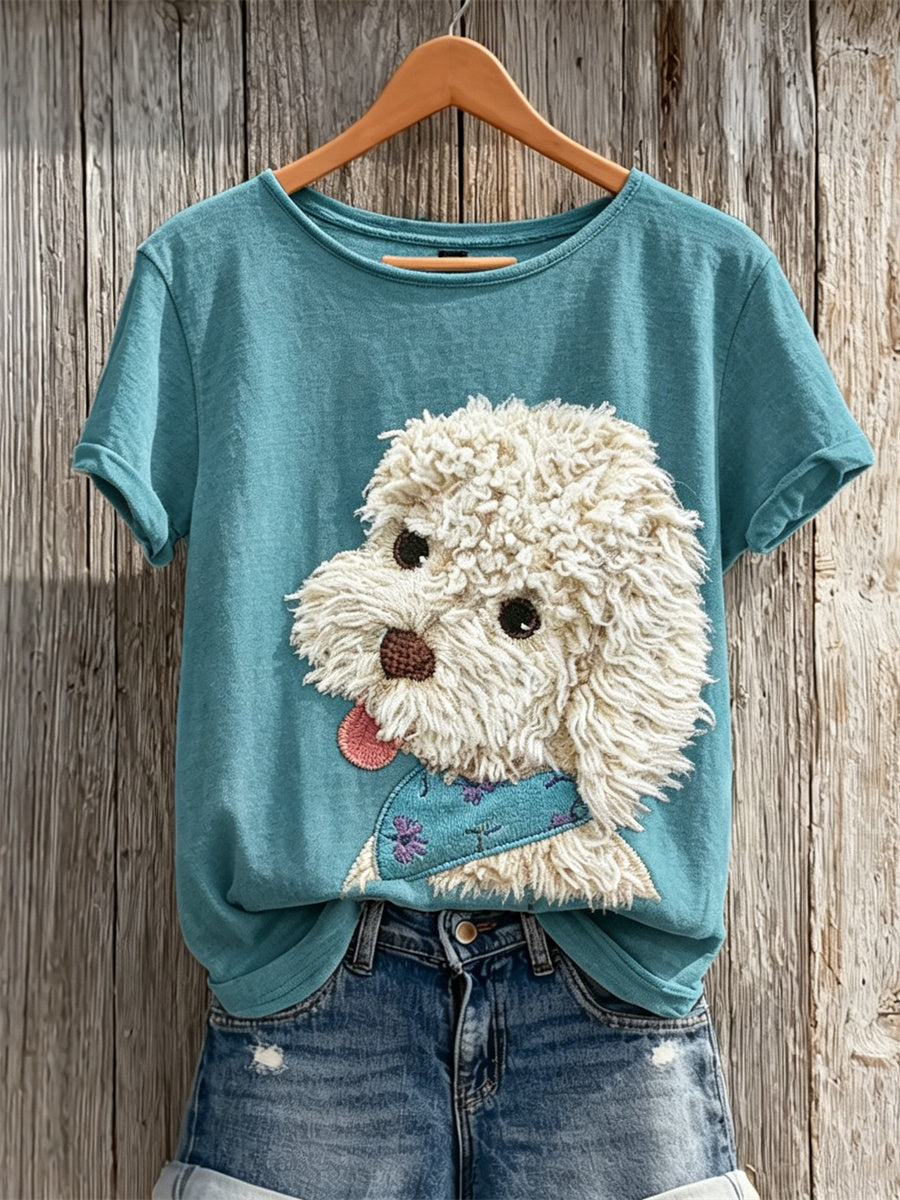 Frauen Fuzzy Pudel Dog Print Kurzarm T-Shirt