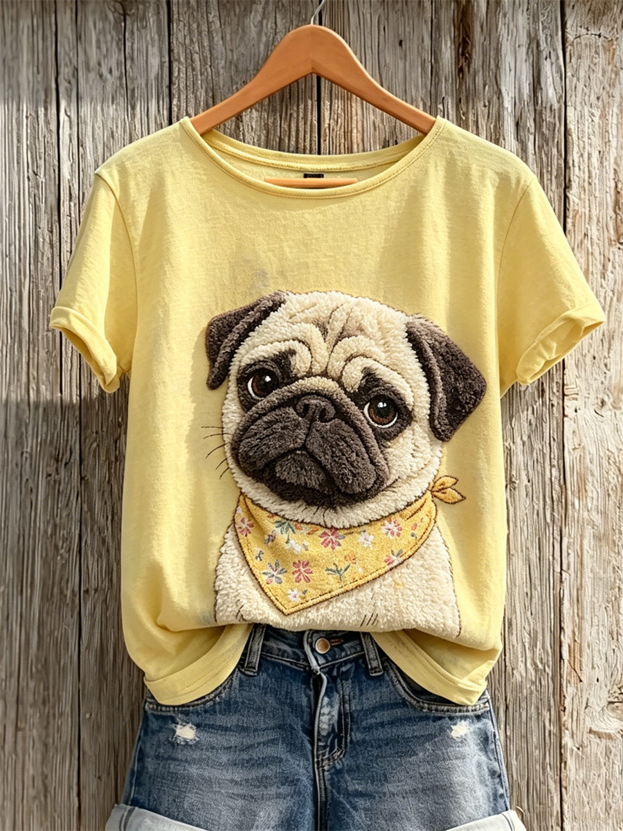 Frauen Fuzzy Mops Dog Print Kurzarm T-Shirt
