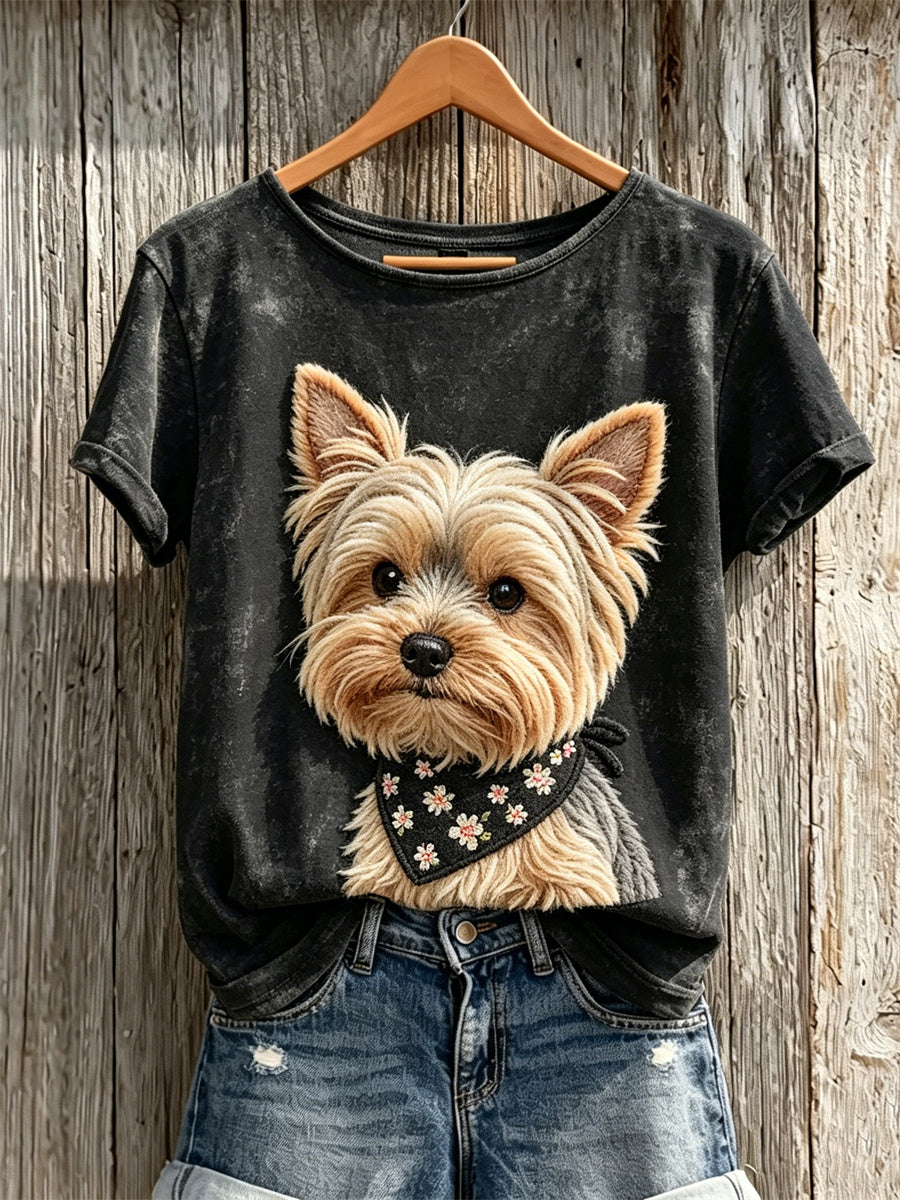 Frauen Fuzzy Yorkshire Dog Print Kurzarm T-Shirt