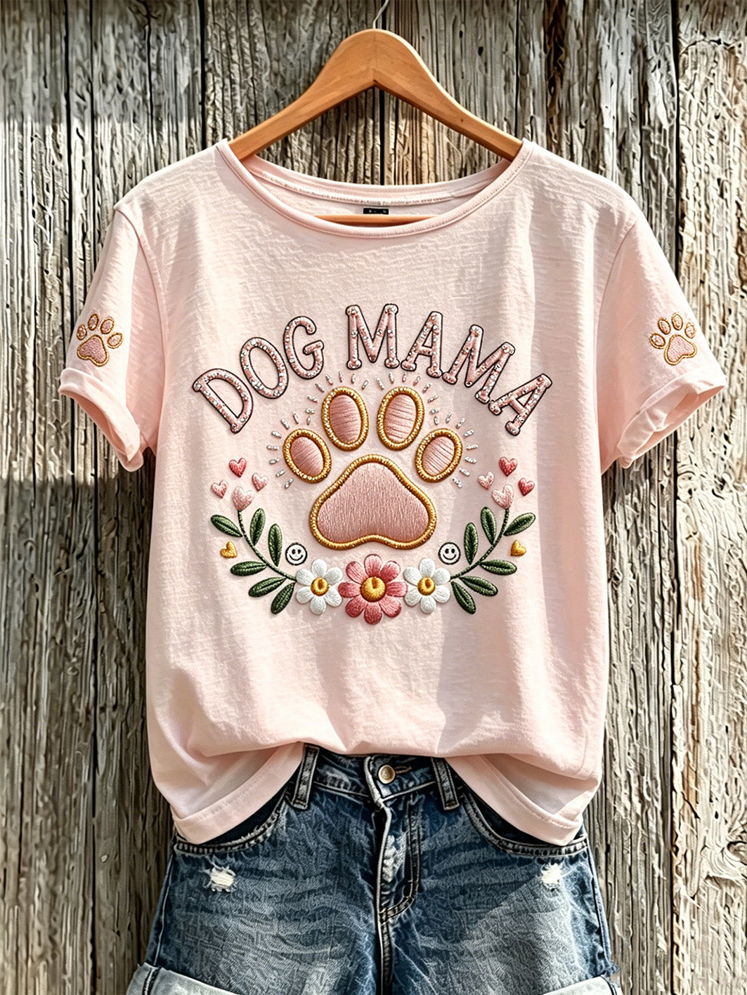 Damen-T-Shirt mit niedlichem Hunde-Muster und kurzen Ärmeln
