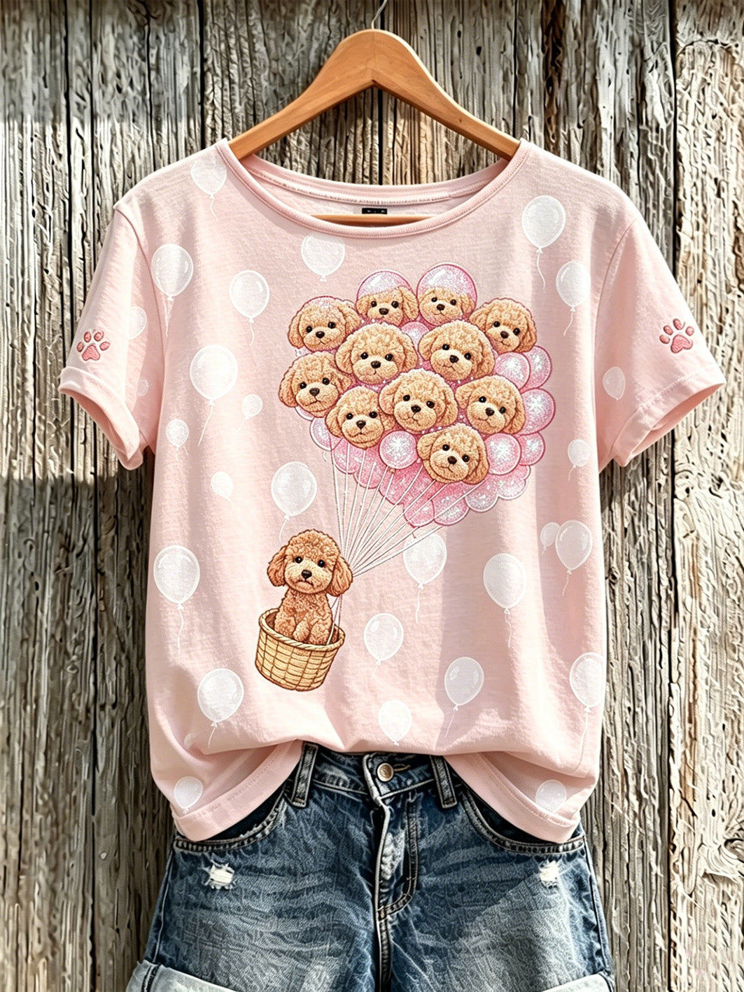 Damen-T-Shirt mit niedlichem Hunde-Muster und kurzen Ärmeln