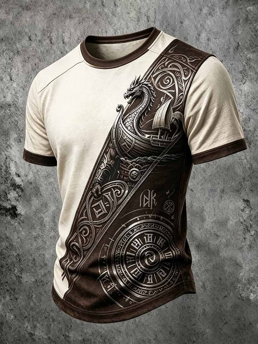 Herren Retro Viking Dragon Head Schiffs druck T-Shirt