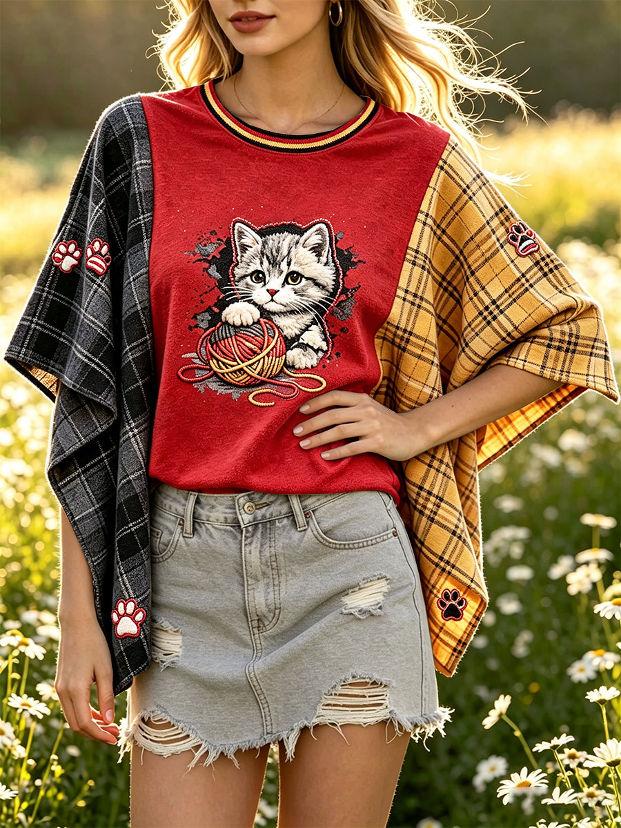Damen-T-Shirt in Deutschland-Look mit niedlichem Katzenmotiv, im Retro-Stil mit Karo-Patchwork-Print und lässigem Fledermausärmel