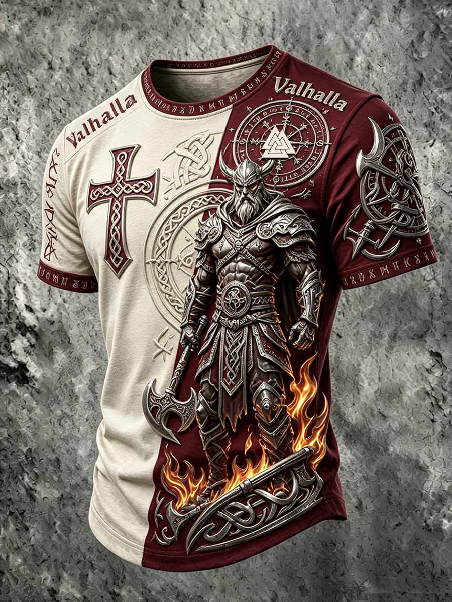 Herren-Retro-Vikingerkrieger-Print-Lässiges T-Shirt