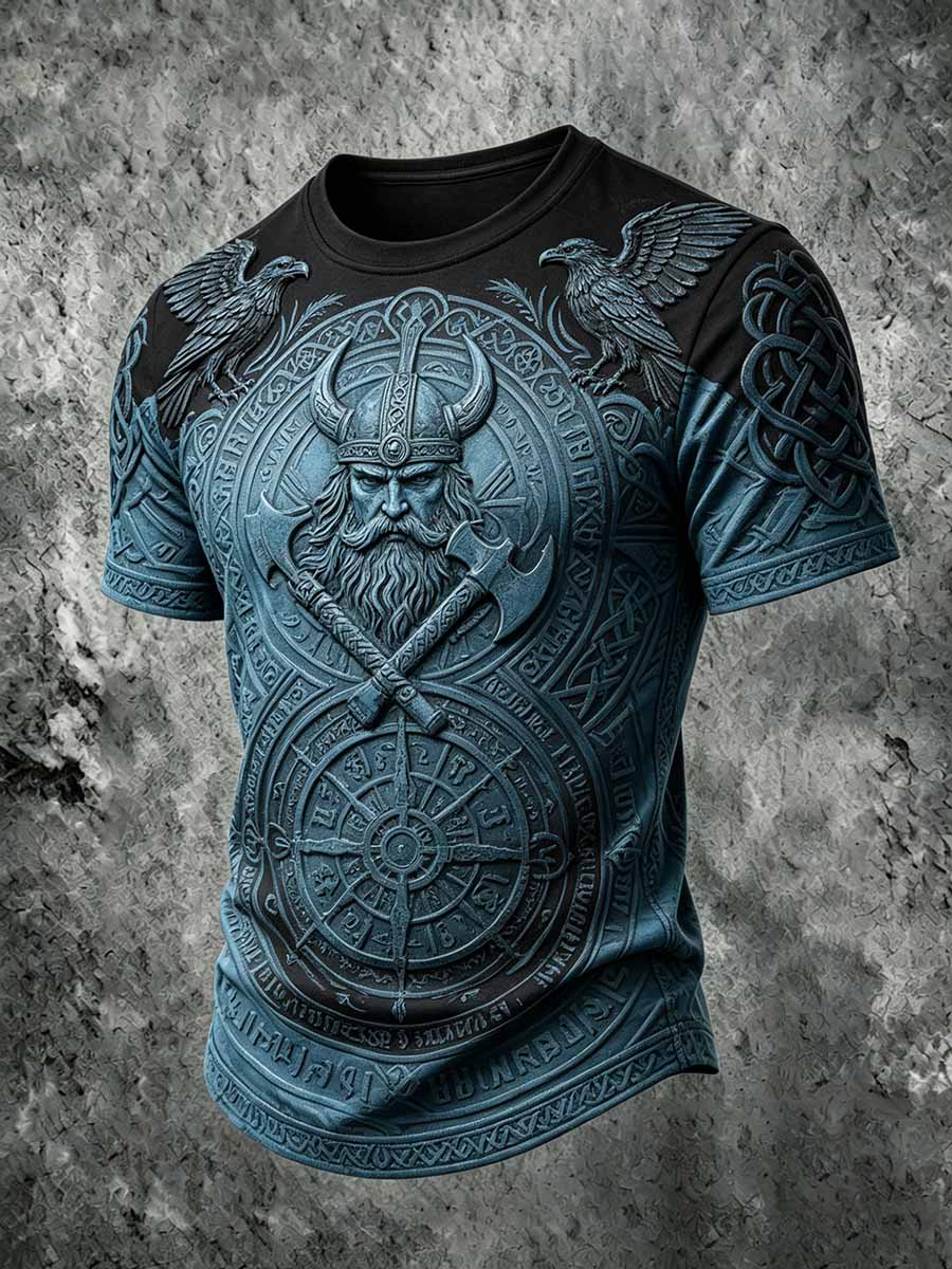 Herren-Retro-Vikingerkrieger-Print-Lässiges T-Shirt