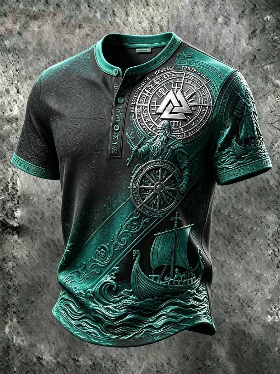 Herren-Retro-Vikingerkrieger-Print-Lässiges T-Shirt