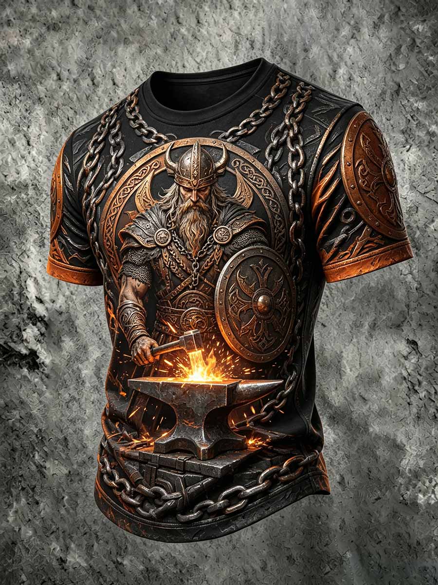 Herren-Retro-Vikingerkrieger-Print-Lässiges T-Shirt