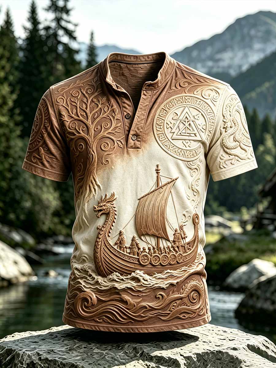 Herren Vintage Viking Dragon Ship Print Casual T-Shirt