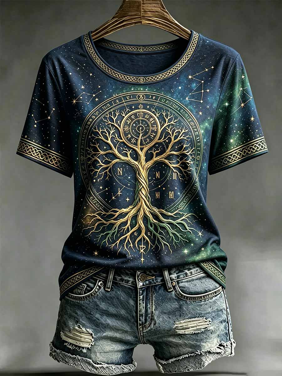 Frauen Vintage Baum des Lebens Tierkreis druck T-Shirt