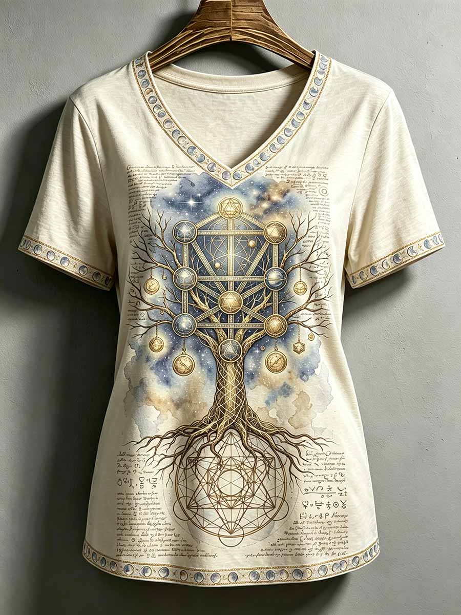 Damen-Vintage-T-Shirt mit Lebensbaum- und Tierkreis-Print