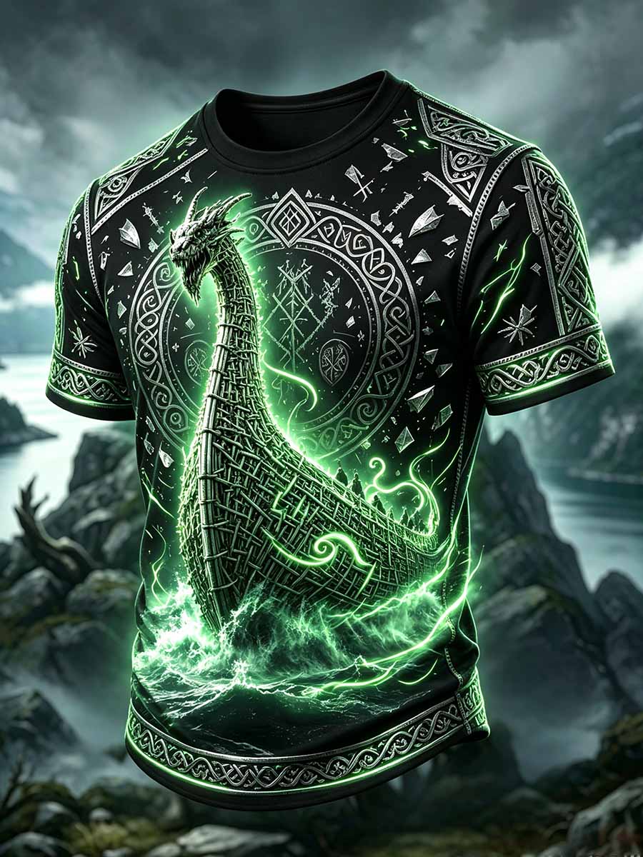 Herren-Lässiges T-Shirt im Vintage-Stil mit Drachenschiff-Motiv der Wikinger