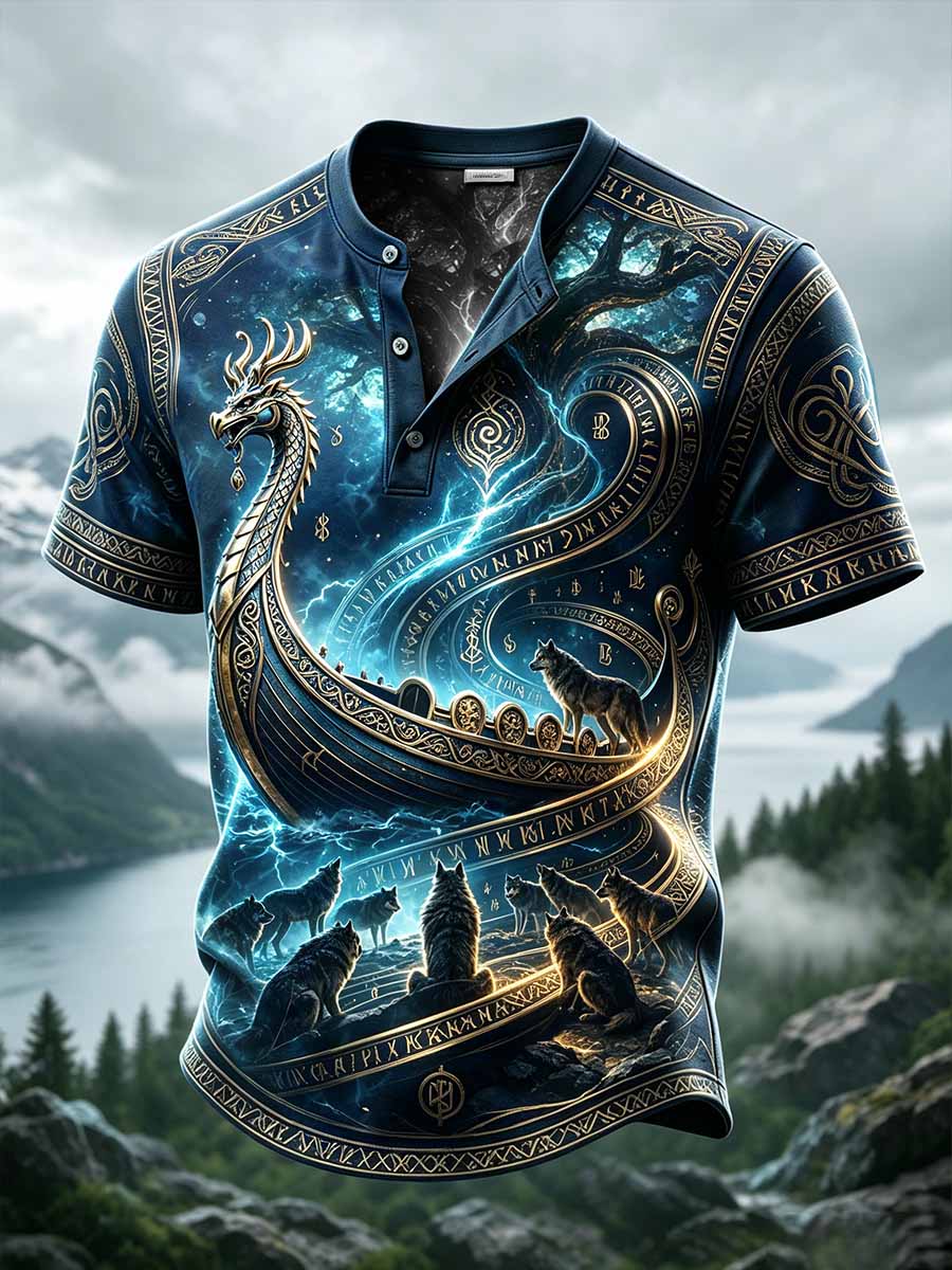 Herren-Retro-Vikingerkrieger-Print-Lässiges T-Shirt