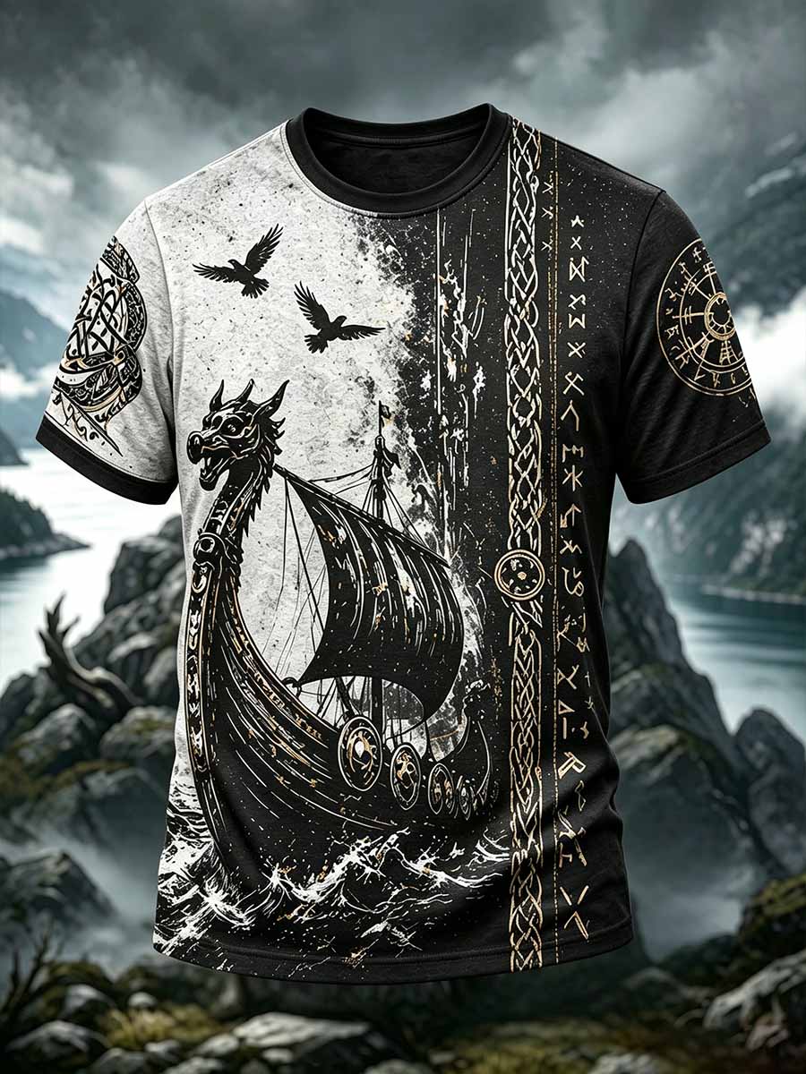 Herren-Lässiges T-Shirt im Vintage-Stil mit Drachenschiff-Motiv der Wikinger