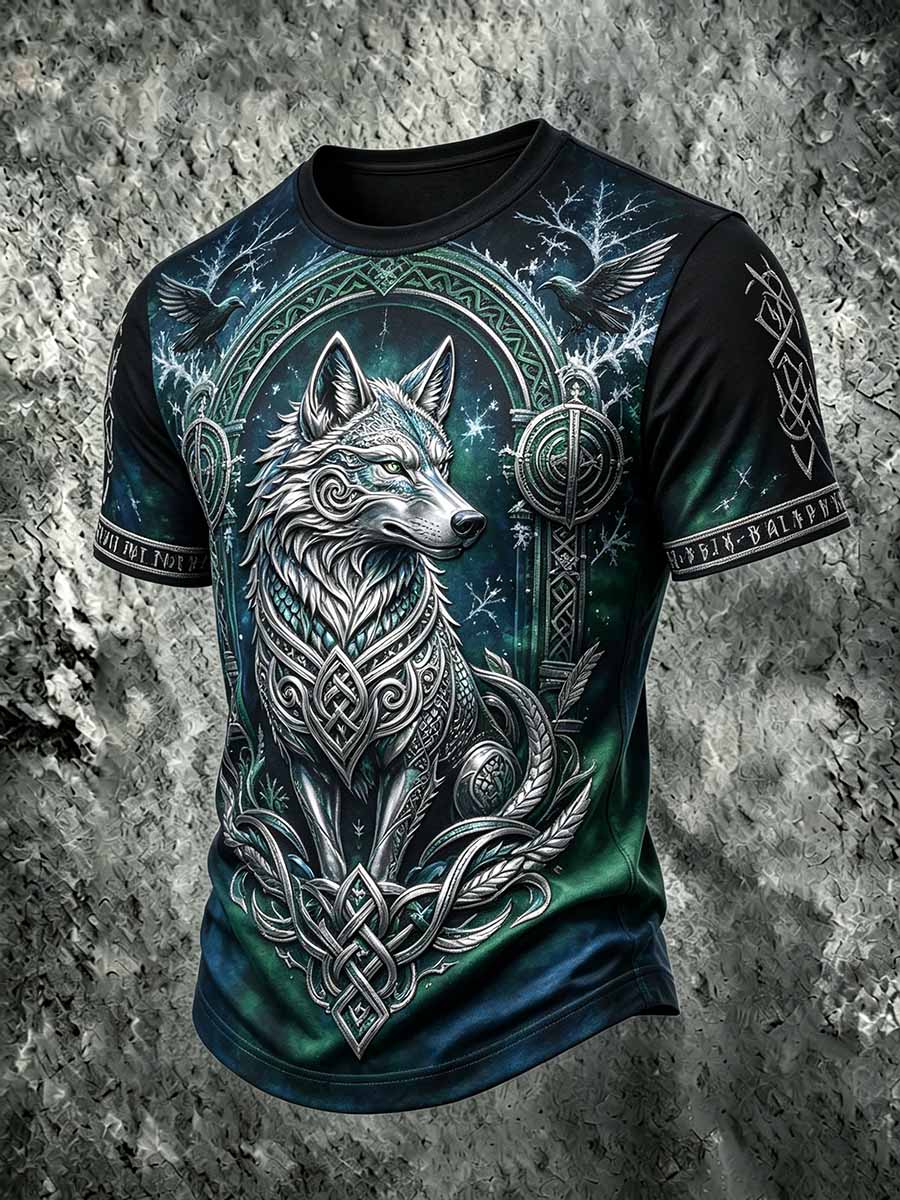 Herren-Retro-T-Shirt mit Wikinger-Wolf-Print