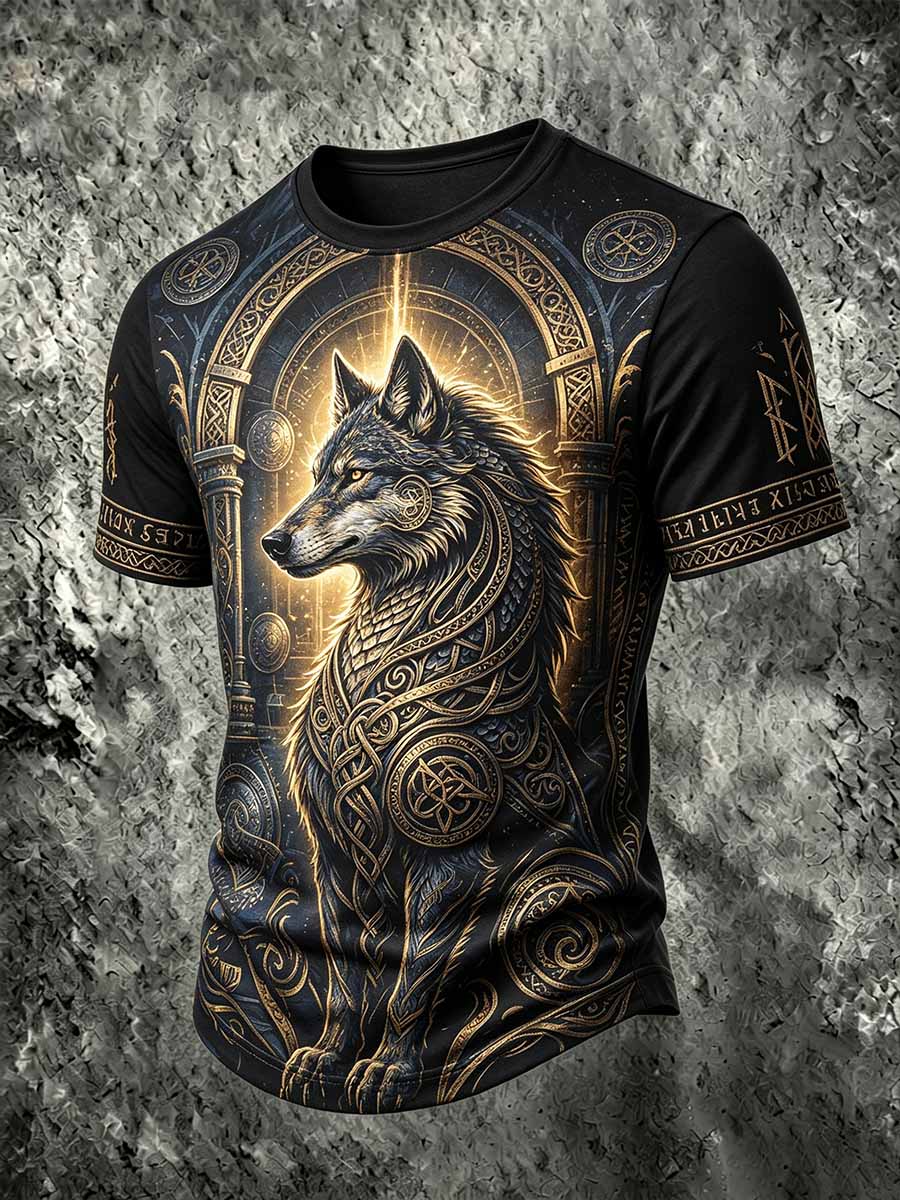 Herren Retro Viking Wolf Print T-Shirt