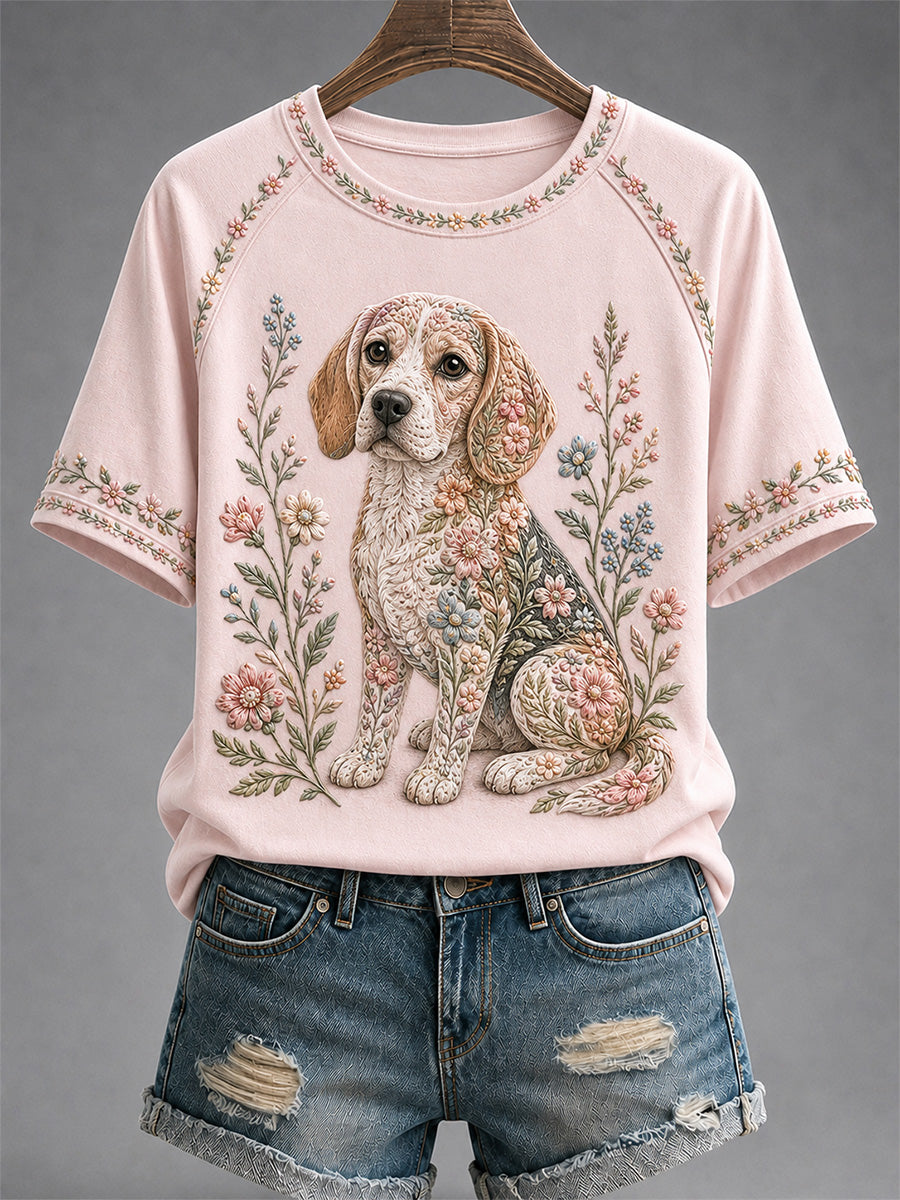 Damen-Freizeit-T-Shirt mit Blumen- und Hundeprint