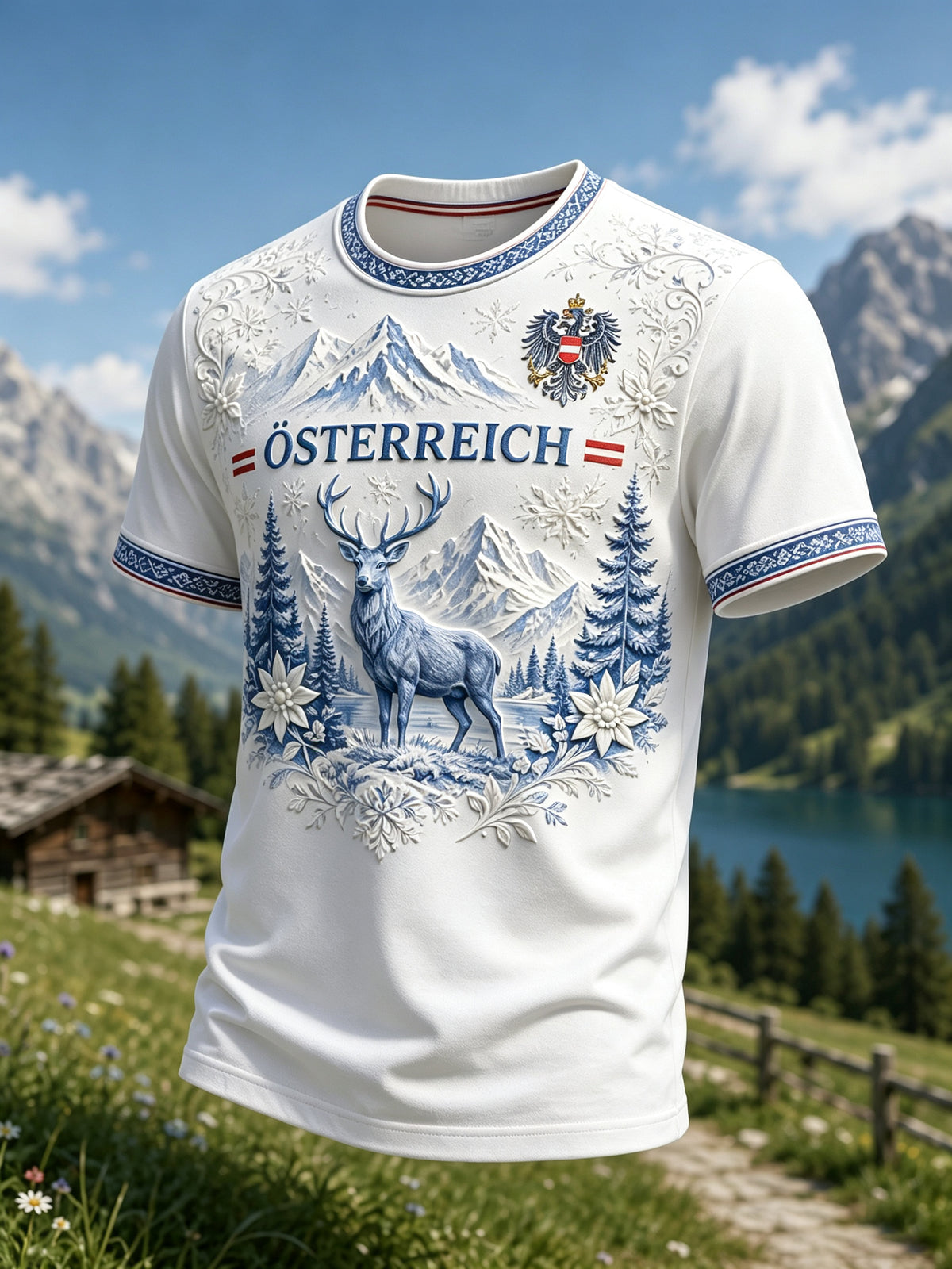 Herren-T-Shirt mit österreichischem Blumen- und Schneegebirge‑Motiv als Kunstdruck