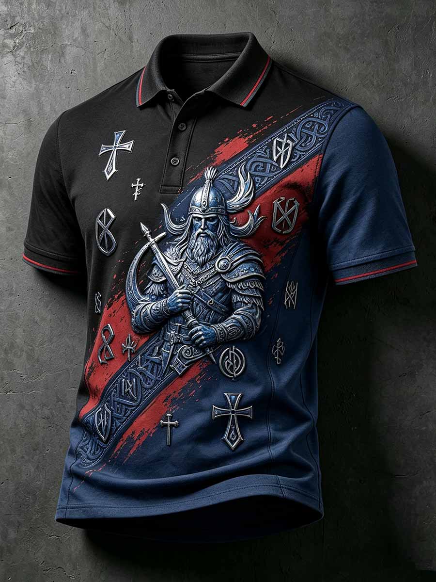 Herren-Poloshirt im Vintage-Stil mit Wikinger-Krieger-Print