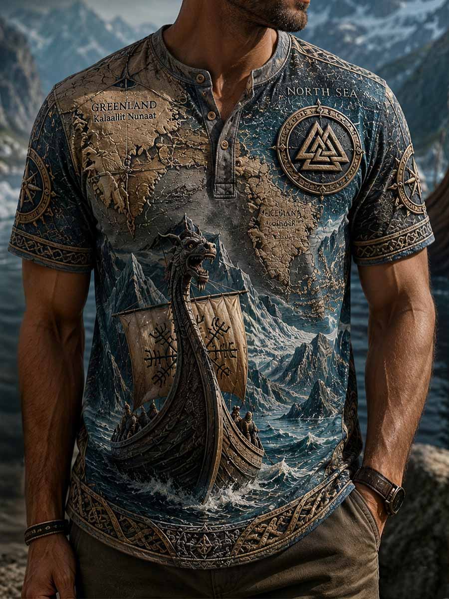 Herren-Vintage-T-Shirt mit Wikinger-Muster