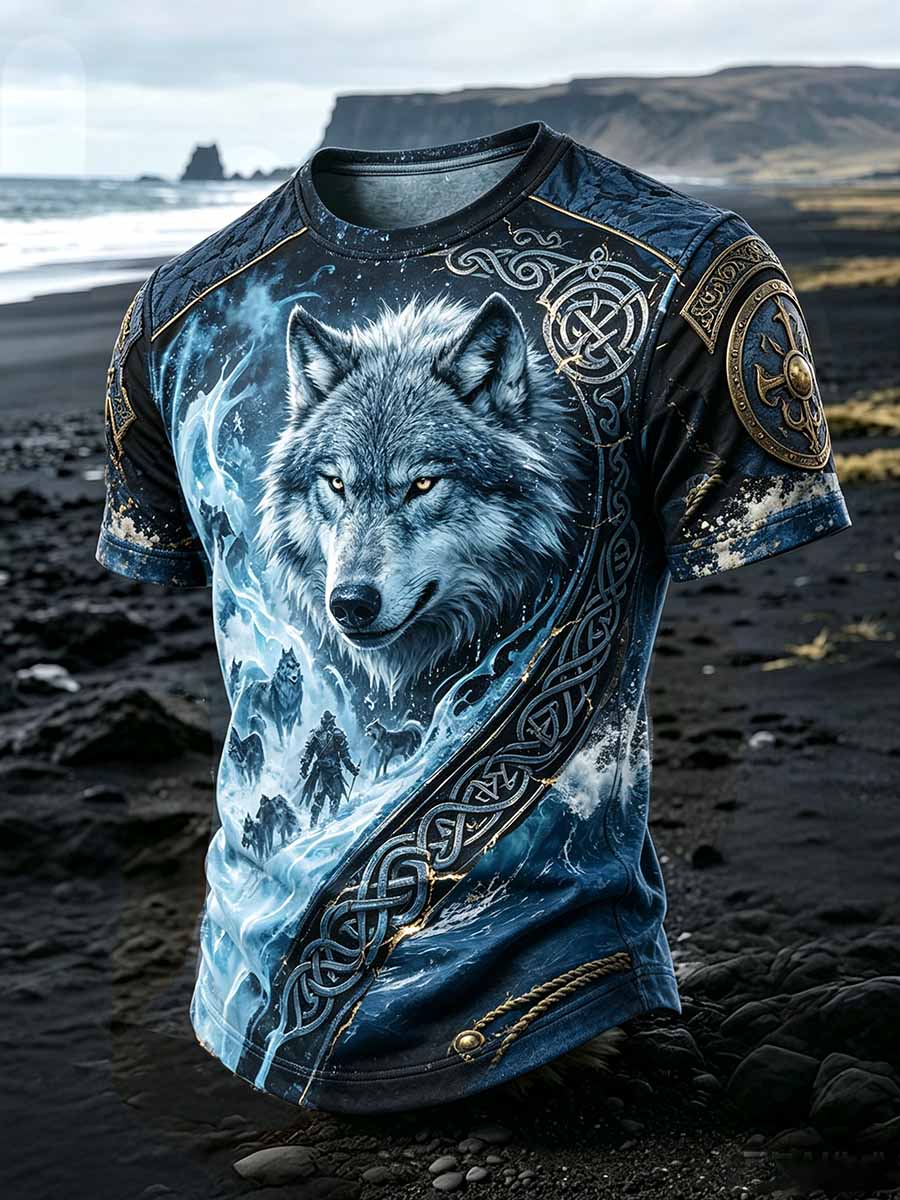 Herren-Vintage-T-Shirt mit Wikinger-Wolf-Print