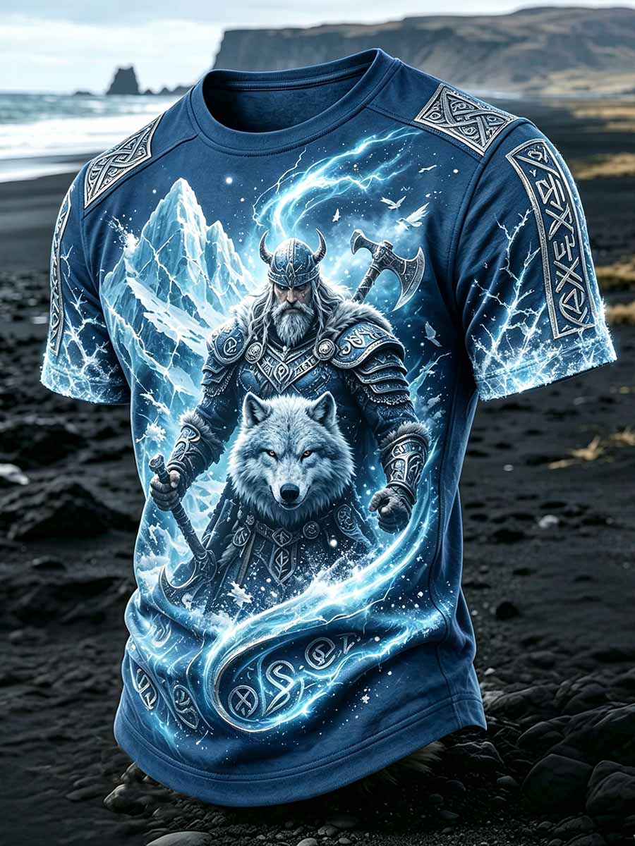 Herren-Vintage-T-Shirt mit Wikinger-Wolf-Print