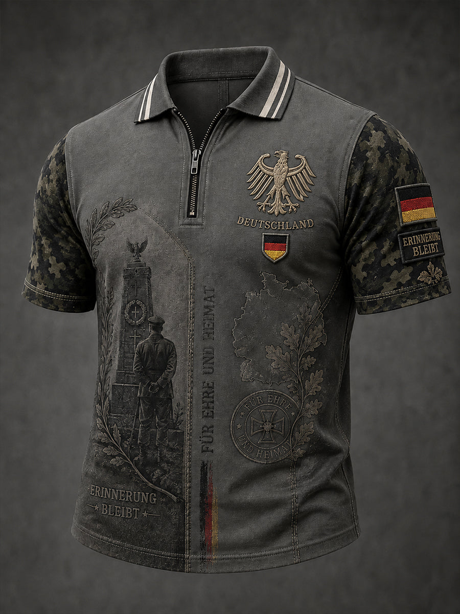 Men's Vintage Veteran-Themed Print Short-Sleeve Zip-Front Polo Shirt