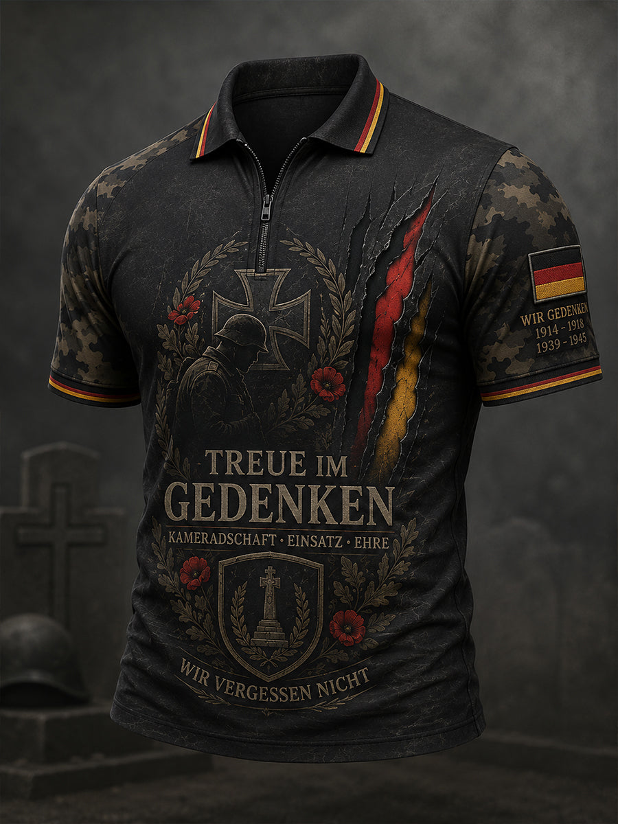 Men's Vintage Veteran-Themed Print Short-Sleeve Zip-Front Polo Shirt