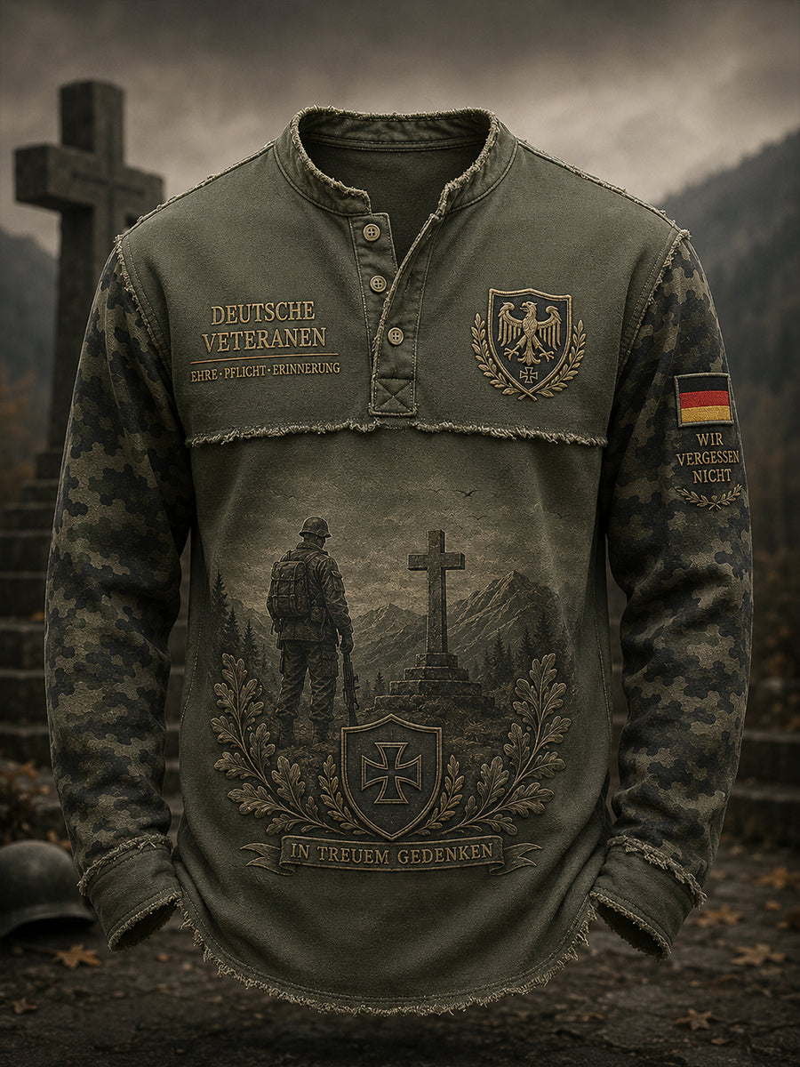 Men's Long-Sleeve Top With Vintage Veteran Commemorative Print