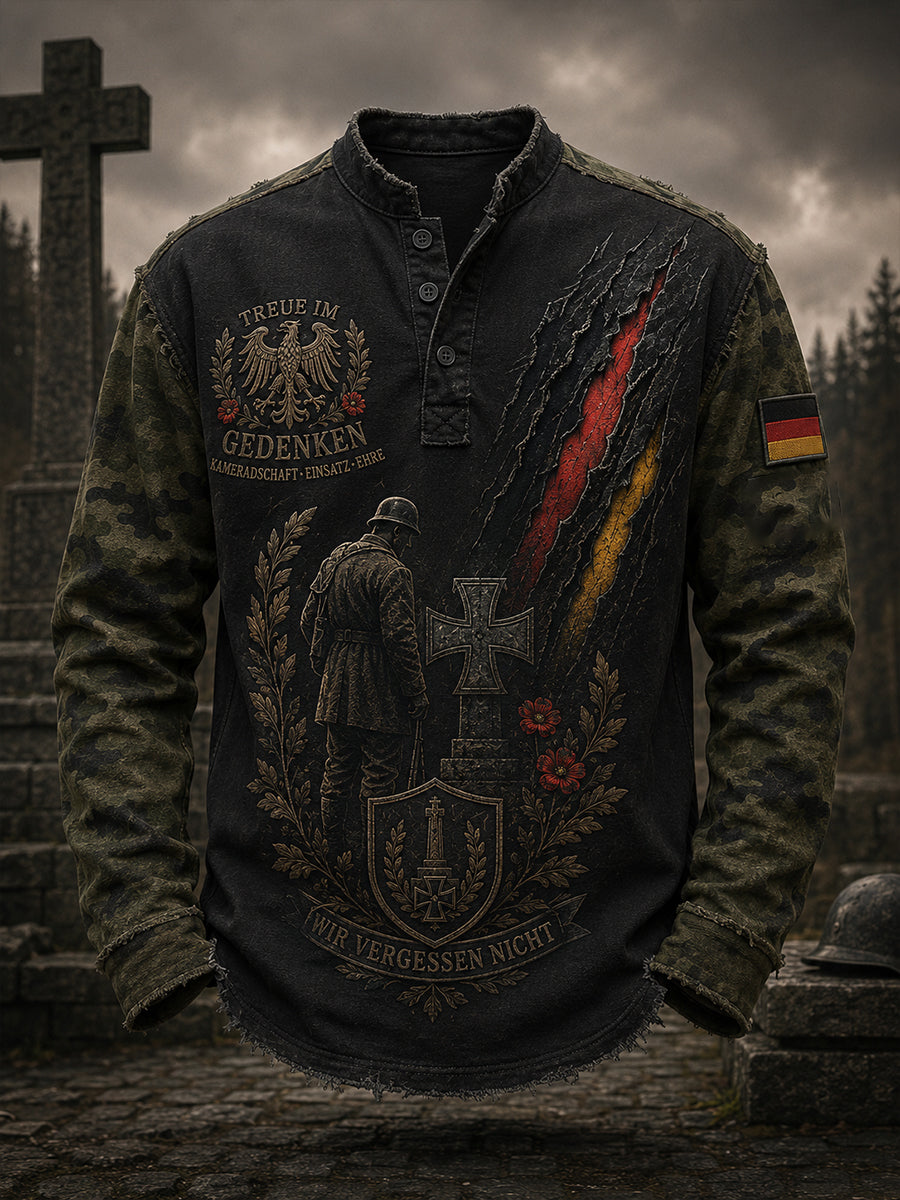 Men's Long-Sleeve Top With Vintage Veteran Commemorative Print