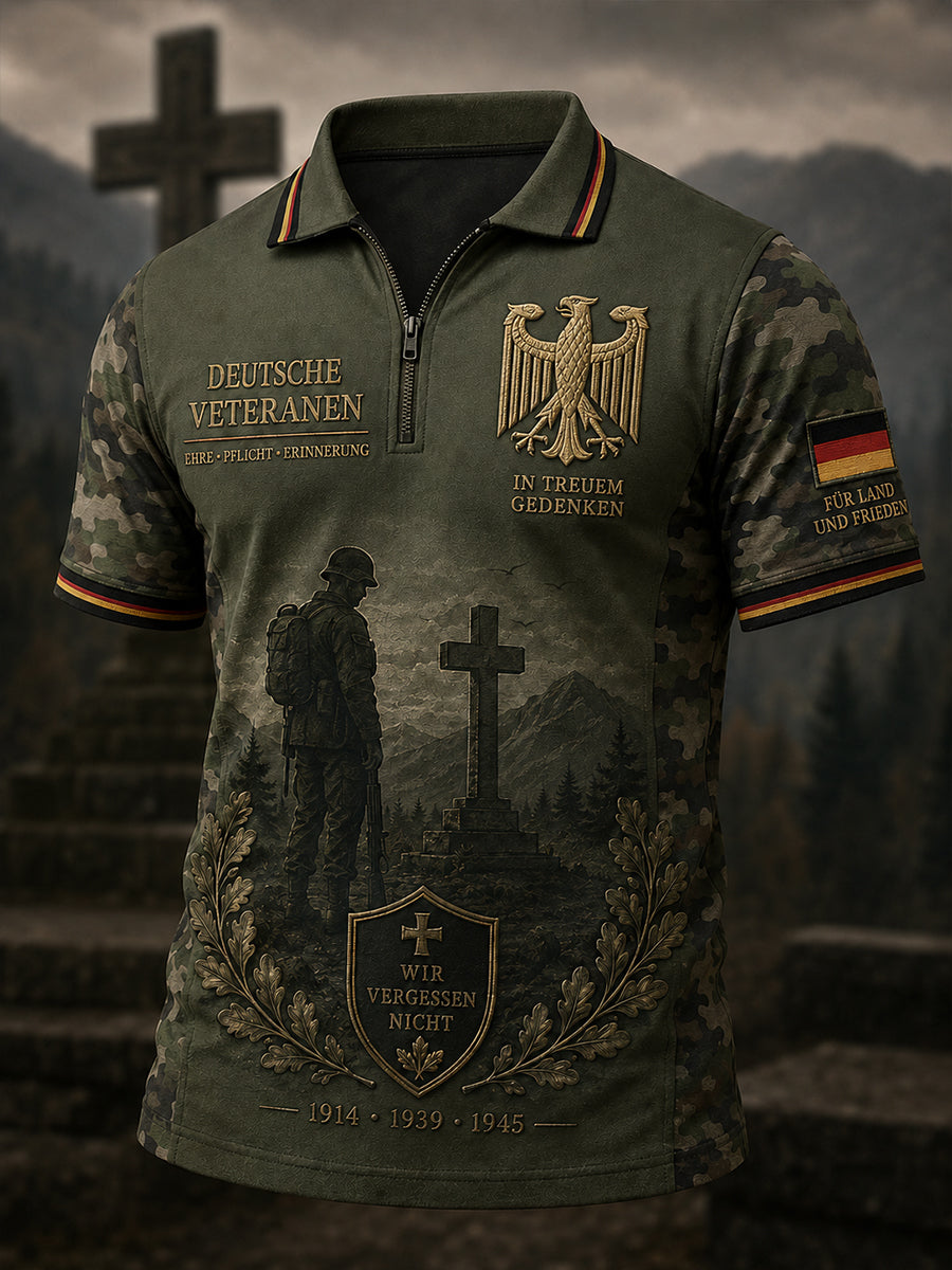 Men's Vintage Veteran-Themed Print Short-Sleeve Zip-Front Polo Shirt