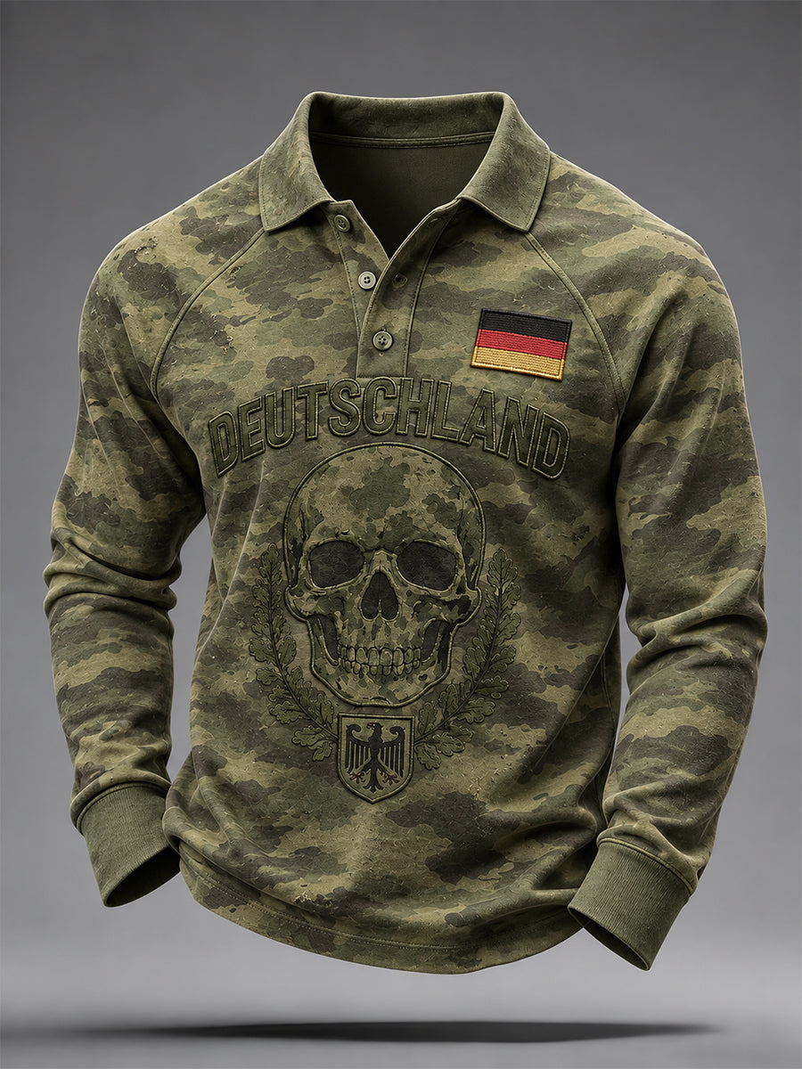 Men's Camouflage Veteran Memorial Graphic Raglan Long-Sleeve Polo Shirt