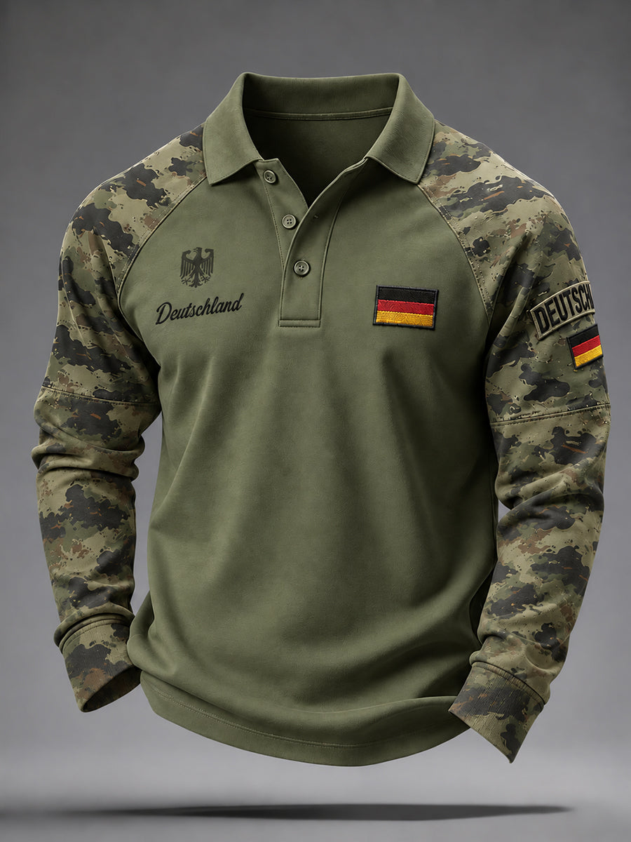Men's Camouflage Veteran Memorial Graphic Raglan Long-Sleeve Polo Shirt