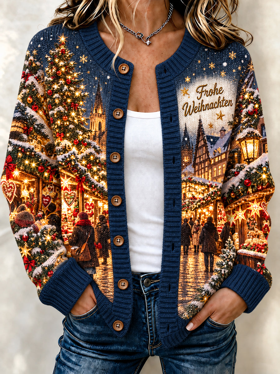 Women's Christmas Market Print Cardigan-Style Knit Jacket