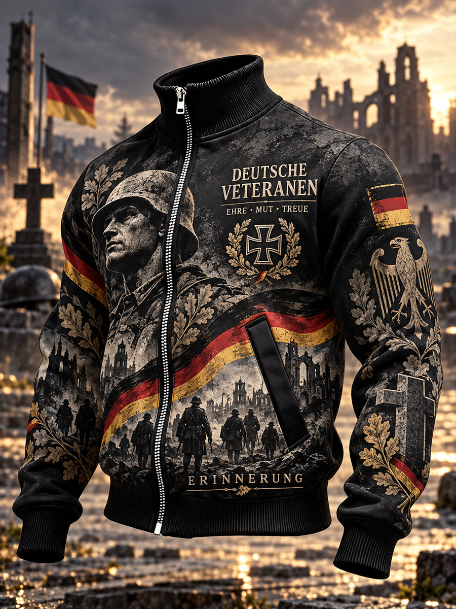 Herrenjacke mit hohem Kragen und Veteranen-Gedenkmotiv