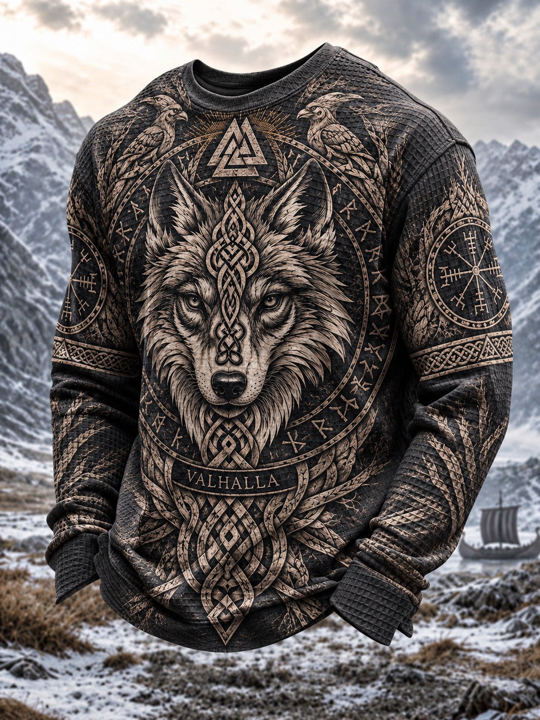 Herren-Viking-Print-Waffelpiqué-Langarm-T-Shirt