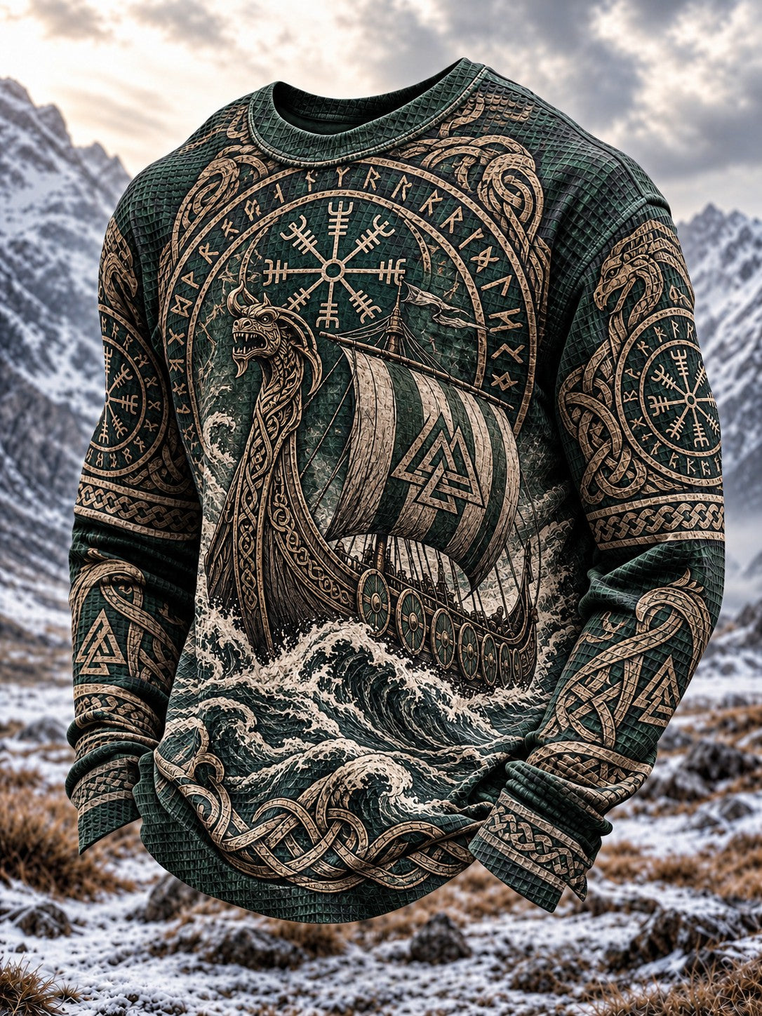 Herren-Viking-Print-Waffelpiqué-Langarm-T-Shirt