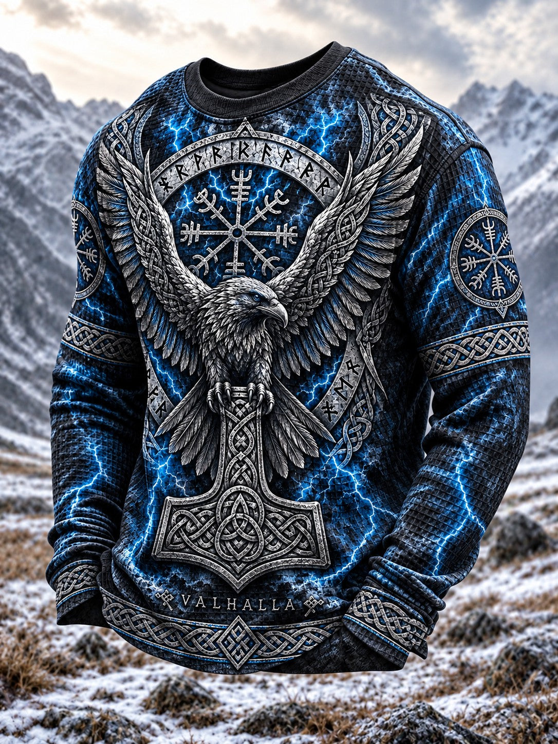 Herren-Viking-Print-Waffelpiqué-Langarm-T-Shirt